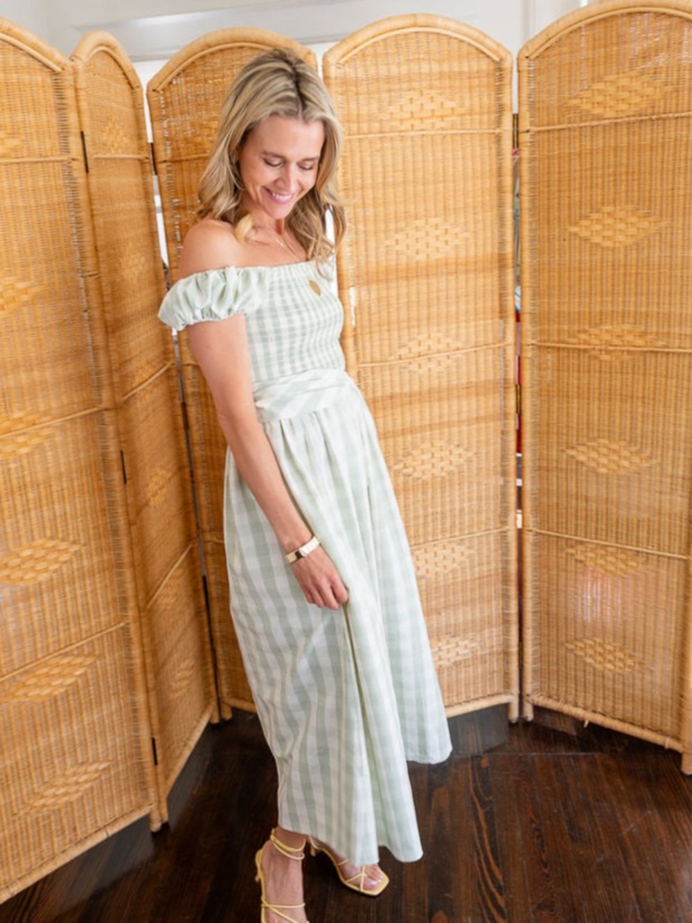 Mason’s Daughter Nora Dress Green White Gingham Smocked Midi Maxi Dress S